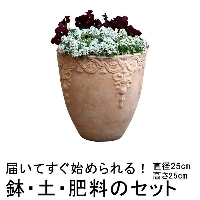おしゃれ 植木鉢 土・肥料のセット 訳あり 模様入り 丸型HM白粉