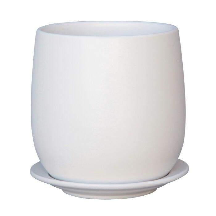 円筒形陶器 白灰色 陶器鉢 オスト エッグ ボウル 13cm 白 つや無 受皿付 植木鉢