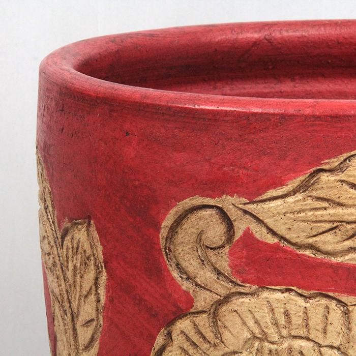 花葉柄 丸 深型 おしゃれ 植木鉢 レッド系 M 30cm 12リットル - 静岡