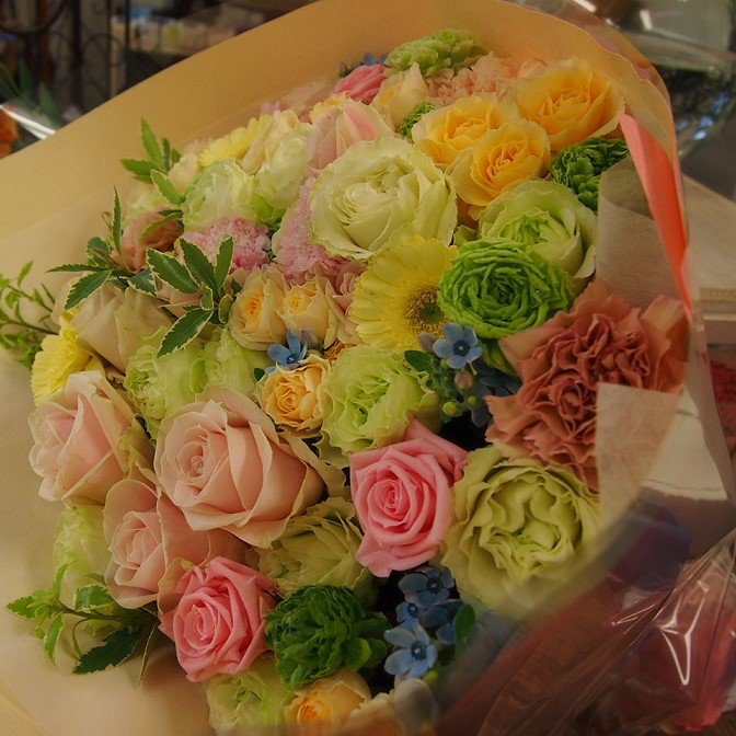 ◆パステルカラーの花束◆ - 広島県広島市中区宝町にある花屋。花とみどりの店 ORYZA（おりざ）