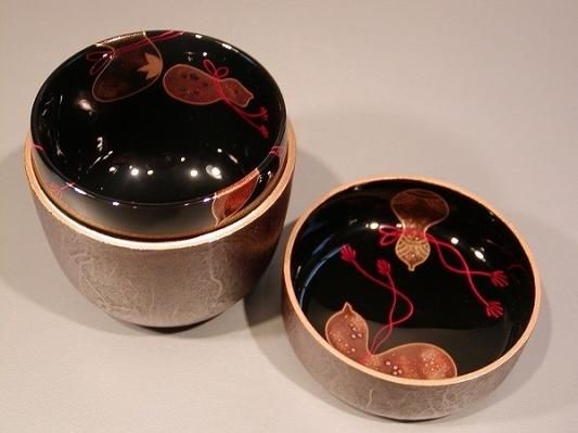 茶道具 中棗 和紙貼 六瓢蒔絵、 加賀蒔絵師 岡本 康光作 桐共箱