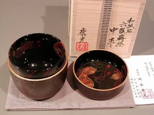茶道具 中棗 和紙貼 六瓢蒔絵、 加賀蒔絵師 岡本 康光作 桐共箱