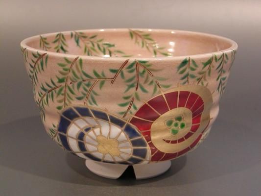 日本人気超絶の 茶碗 なでしこ 陶芸家 作家物 中村能久 色絵撫子 茶碗