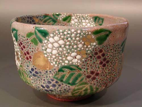 好評 茶道具 抹茶茶碗 灰釉 紫陽花（あじさい）絵、京焼 中村秋峰作 茶碗