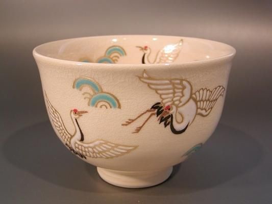 茶道具 抹茶茶碗 色絵 鶴、京焼 山川敦司作、桐共箱 新品、 - 工芸品