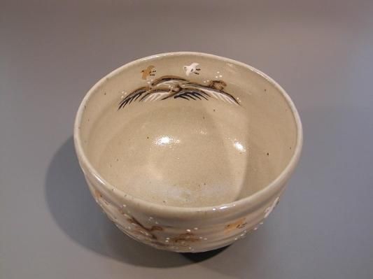人気アイテム 茶道具 抹茶茶碗 灰釉 波に千鳥絵、京焼 中村秋峰作 桐共箱 茶碗