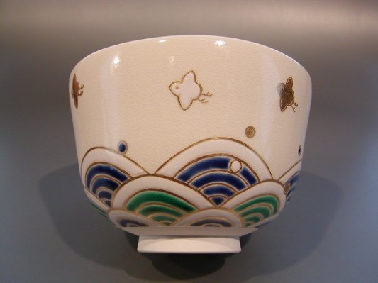 茶道具 抹茶茶碗 色絵 波千鳥画、京都 相模竜泉作 桐共箱□新品 