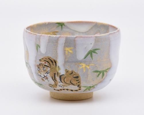 茶道具 抹茶茶碗 掛分 竹に虎、 京都 山岡善高作、 桐共箱 新品