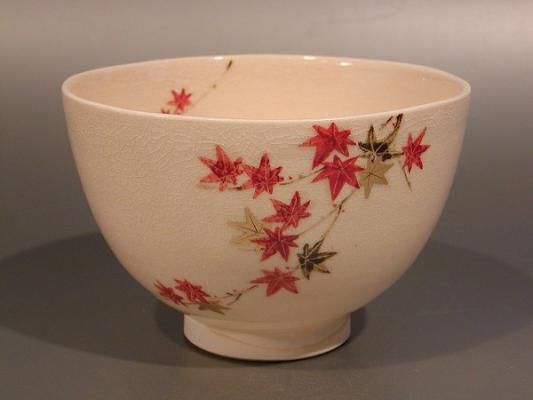 茶道具 抹茶茶碗 紅葉（もみじ）絵、 京焼 山川敦司作、桐共箱 新品