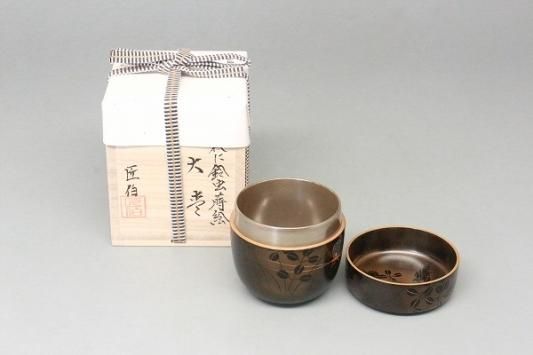 茶道具 大棗、 萩に鈴虫蒔絵 内銀地、 輪島塗 伝統工芸士 米本