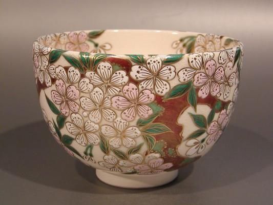 茶道具 茶碗 色絵 桜花ノ画、 清閑寺窯 四代 杉田祥平作 - 茶道具 販売 