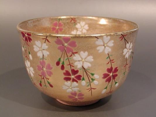 茶道具　抹茶茶碗　金砂子　桜、京焼　伝統工芸士　小倉　亨作　桐共箱■新品■