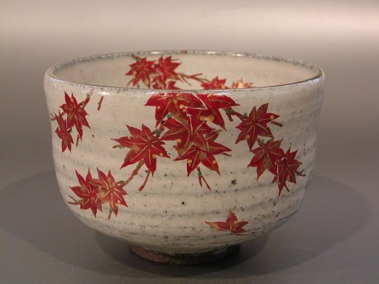 茶道具 抹茶茶碗 色絵 紅葉、 京焼 中村清彩作 桐共箱□新品