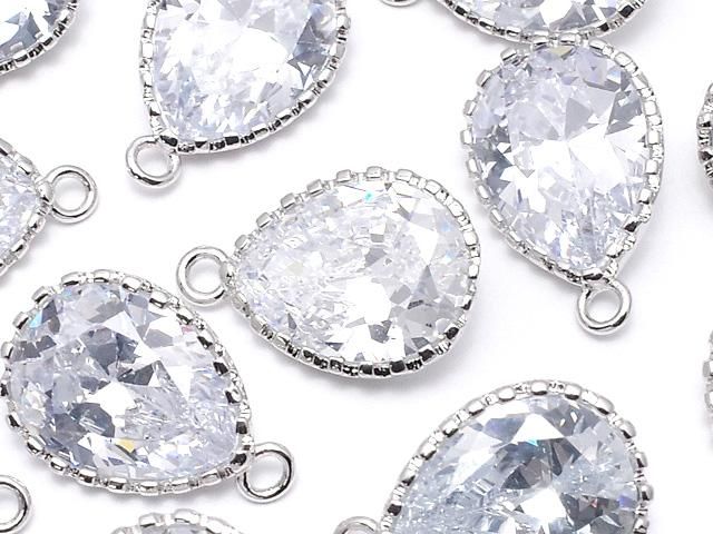 メタルパーツ CZ ペアシェイプファセットカット チャーム18×12×6mm シルバーカラー 2個の画像