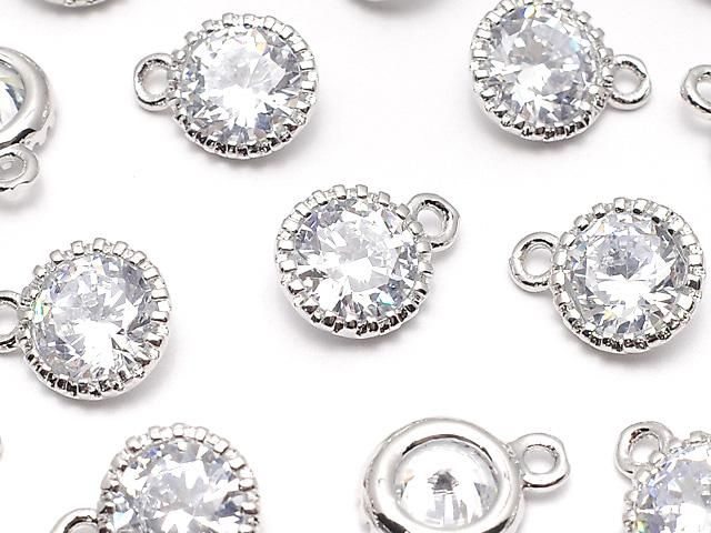 メタルパーツ CZ ラウンドファセットカット チャーム10×8×3.5mm シルバーカラー 2個の画像