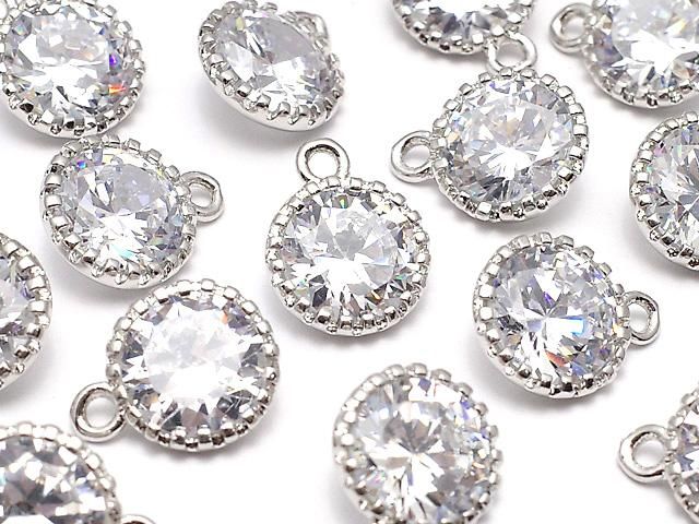メタルパーツ CZ ラウンドファセットカット チャーム12×9.5×5mm シルバーカラー 2個の画像