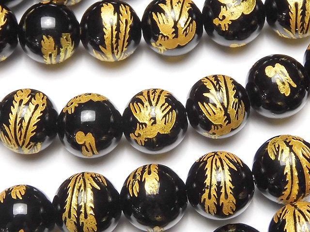金色!【朱雀・四神獣】の彫刻入り!オニキス ラウンド10mm・12mm・14mm 半連/1連(約36cm)の画像
