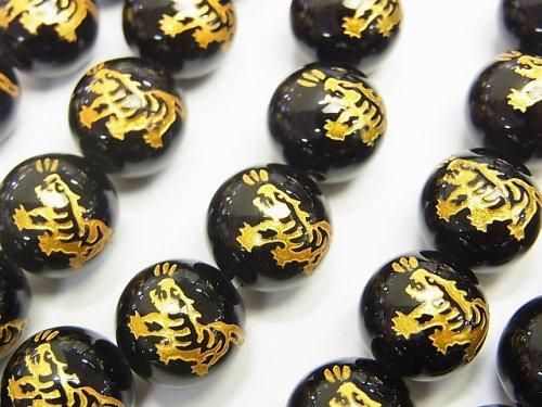 金色!【白虎・四神獣】の彫刻入り!オニキス ラウンド10mm・12mm・14mm 半連/1連(約36cm)の画像