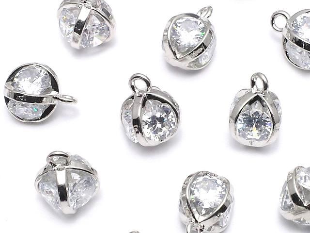 メタルパーツ チャーム10×8×8mm CZ ラウンドファセットカット4石入 シルバーカラー 2個の画像