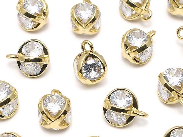 メタルパーツ チャーム10×8×8mm CZ ラウンドファセットカット4石入 ゴールドカラー 2個の画像