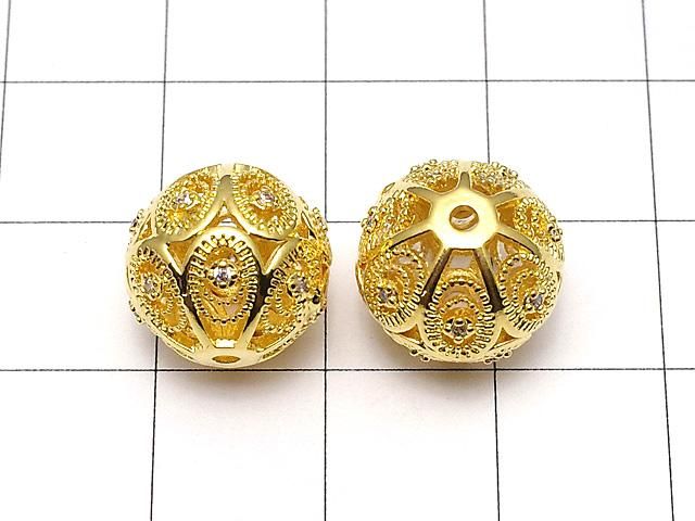 メタルパーツ 透かし模様入り ラウンド12mm ゴールドカラー(CZ付き) 1個 サムネイル2