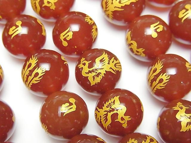 金色!【朱雀・四神獣】の彫刻入り!レッドアゲート ラウンド10mm・12mm・14mm 半連/1連の画像