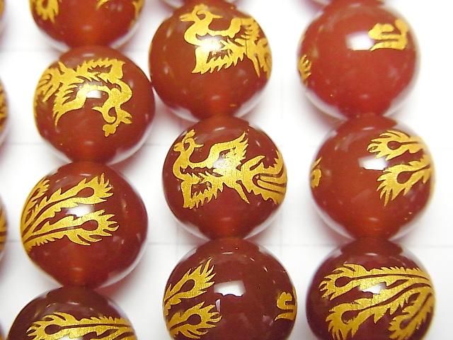 金色!【朱雀・四神獣】の彫刻入り!レッドアゲート ラウンド10mm・12mm・14mm 半連/1連 サムネイル2