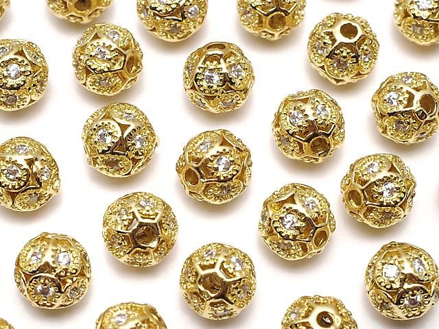 メタルパーツ 透かし模様入り ラウンド6mm ゴールドカラー(CZ付き) 1個の画像