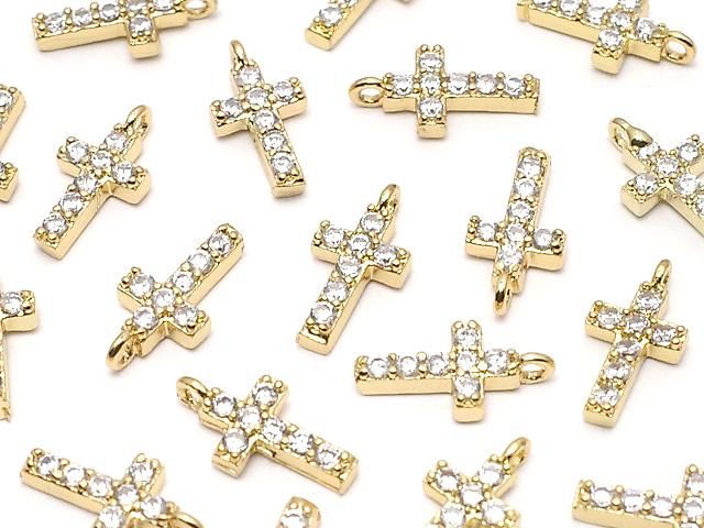 メタルパーツ CZ付きチャーム クロス10×5mm 【クリア】 ゴールドカラー 2個の画像