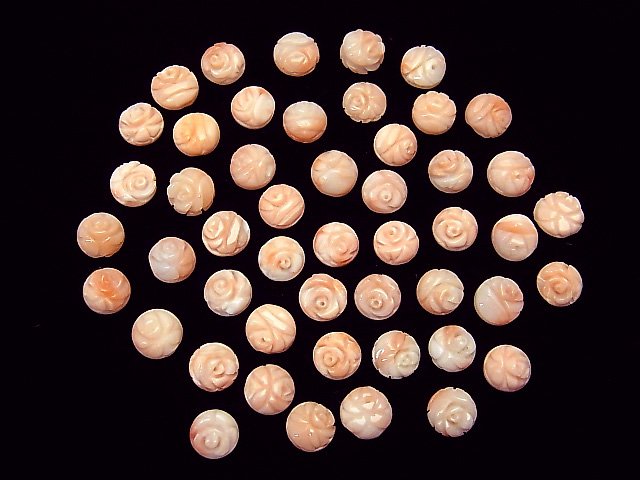 天然色ピンク～ホワイトコーラル（本珊瑚） 薔薇6～7mm 【片穴】 4粒1