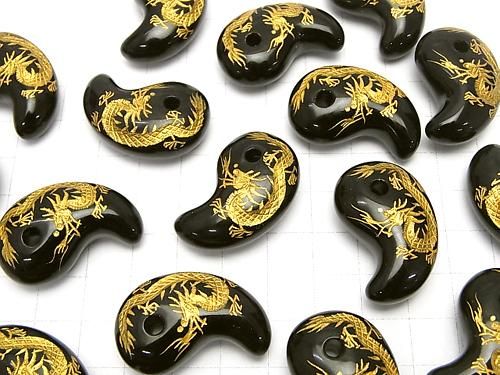 金色!青龍(四神獣)の彫刻入り!オニキス 勾玉 30×20×10mm 1個 サムネイル3