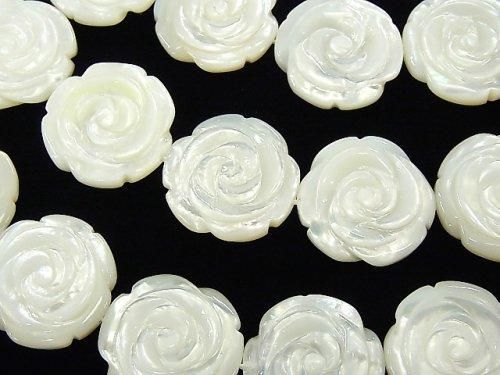 高品質ホワイトシェル 薔薇彫刻(両面仕上げ)20×20×5mm 1/4連~1連(約38cm)の画像