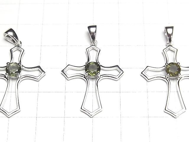 宝石質モルダバイトAAA ラウンドファセットカット クロス型ペンダントトップ30×24×5mm SILVER925製 サムネイル3
