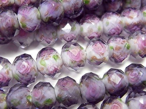 【動画】とんぼ玉 ボタンカット10×10×7mm 薔薇(ローズ)模様入り 【パープル】 半連/1連(約34cm)の画像