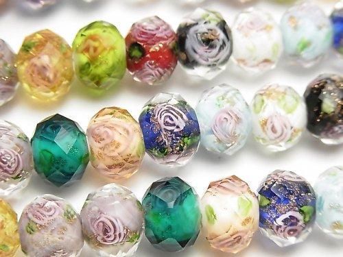 とんぼ玉 ボタンカット10 10 7mm 薔薇 ローズ 模様入り マルチカラー 1連 約34cm 天然石ビーズの卸問屋 通販ケンケンジェムズ