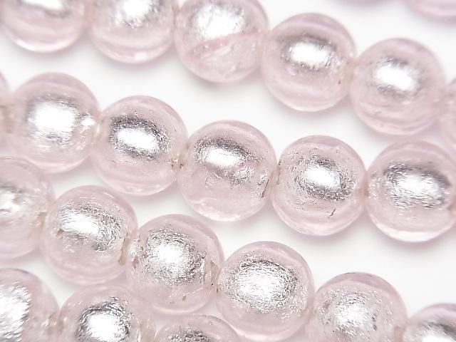 【動画】とんぼ玉 ラウンド12mm 【銀箔×ピンク】 半連/1連(約25cm)の画像