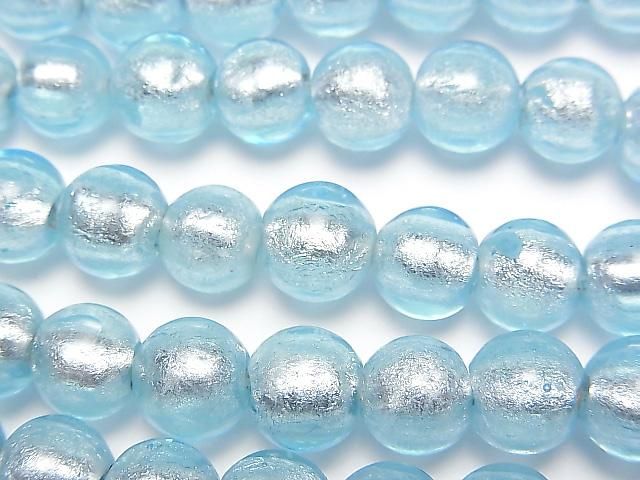 【動画】とんぼ玉 ラウンド8mm 【銀箔×ライトブルー】 半連/1連(約24cm)の画像