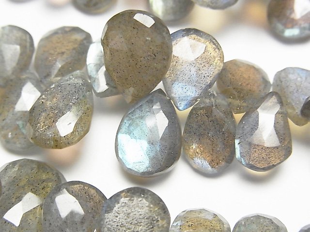 宝石質ラブラドライトAAA-　ペアシェイプ　ブリオレットカット　半連/1連（約18cm）の写真