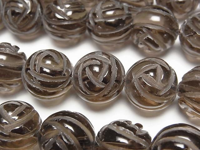 スモーキークォーツAAA ラウンドローズ(薔薇)カット14mm 1/4連~1連(約36cm)の画像