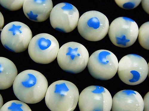 プリント入り!マザーオブパール ホワイト ラウンド10mm 【ライトブルー】 1連(約38cm)の画像