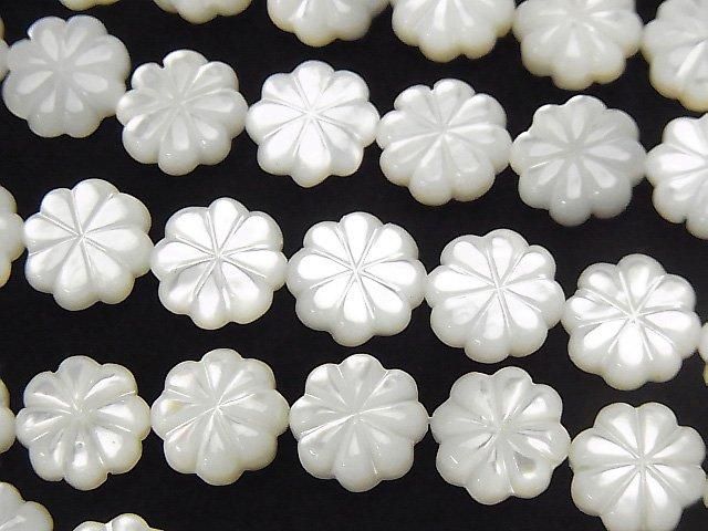 高品質ホワイトシェル(白蝶貝)AAA フラワー(両面仕上げ)10×10×3mm 1/4連~1連(約36cm)の画像