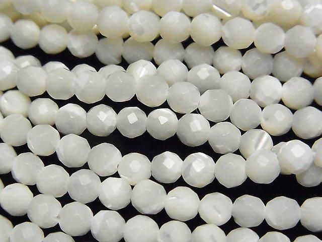 【動画】【素晴らしい輝き】マザーオブパール ホワイト ラウンドカット4mm 1連(約37cm )の画像