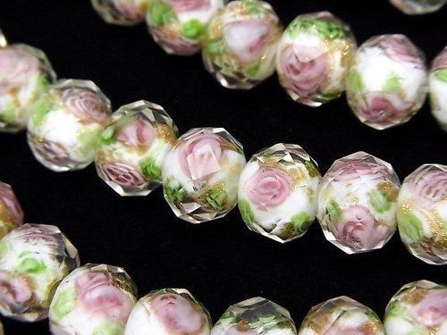 とんぼ玉 ボタンカット10×10×7mm 薔薇(ローズ)模様入り 【ホワイト】 半連/1連(約34cm)の画像