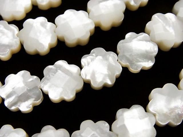 【動画】高品質ホワイトシェル フラワー(カット入り)10×10mm 1/4連~1連(約38cm)の画像