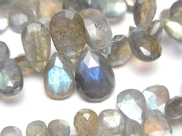 【動画】宝石質ラブラドライトAAA- ペアシェイプ ブリオレットカット サイズグラデーション 半連/1連(約18cm)の画像