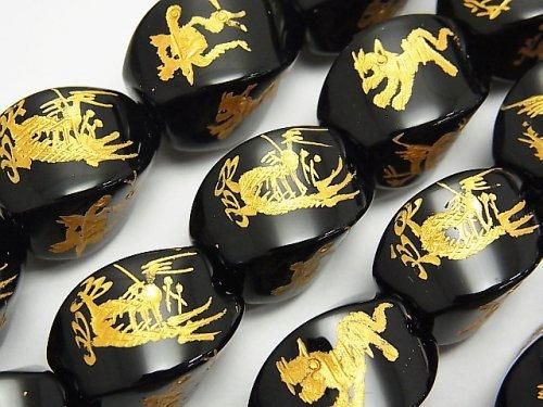 金色!四神獣の彫刻入り!オニキス ツイストライスカット20×15×15 1/4連~1連(約36cm)の画像