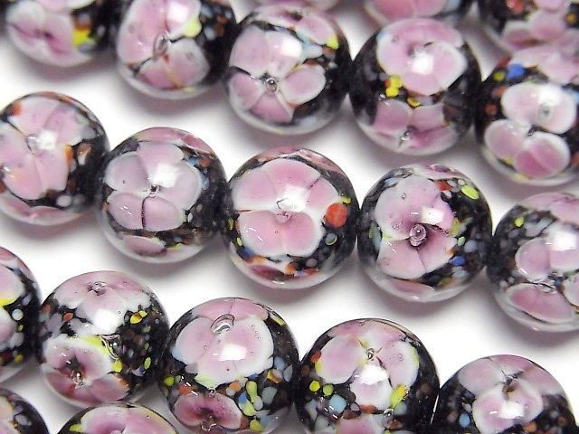 【動画】とんぼ玉 ラウンド12mm 【ピンク×フラワー】 1/4連~1連(約32cm)の画像