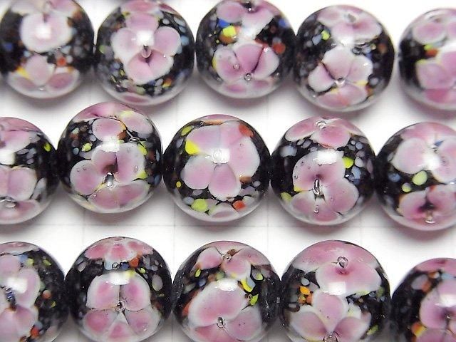 【動画】とんぼ玉 ラウンド12mm 【ピンク×フラワー】 1/4連~1連(約32cm) サムネイル2