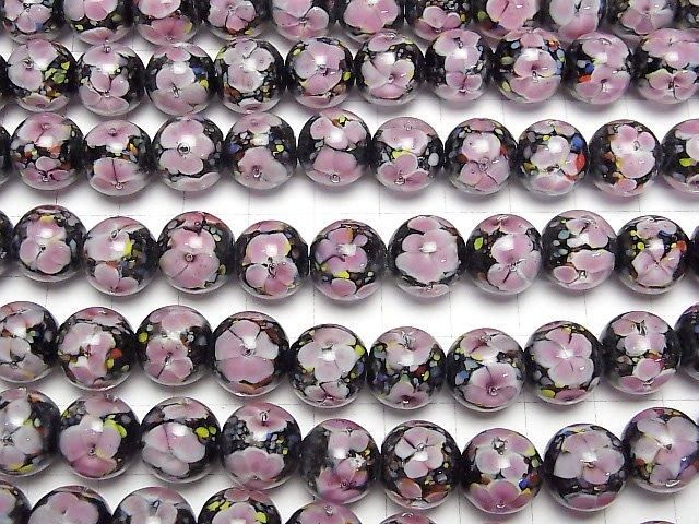 【動画】とんぼ玉 ラウンド12mm 【ピンク×フラワー】 1/4連~1連(約32cm) サムネイル3