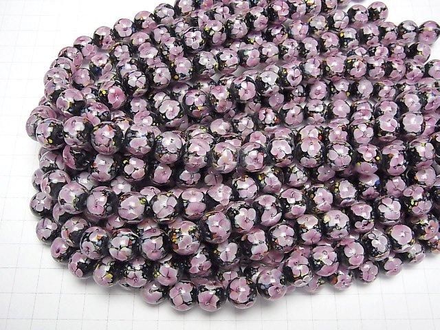 【動画】とんぼ玉 ラウンド12mm 【ピンク×フラワー】 1/4連~1連(約32cm) サムネイル4